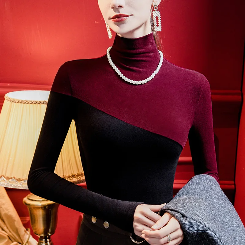 カラーブロックタートルネックトップ女性起毛長袖シャツソフト暖かいベーシックインナーウェアシック 2025 秋冬新着