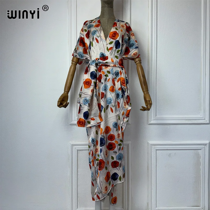 WINYI High-quality Print Silk feel Dress with belt Beach Wear Boho Cardigan abaya women muslim dress Long Sleeve Kimono