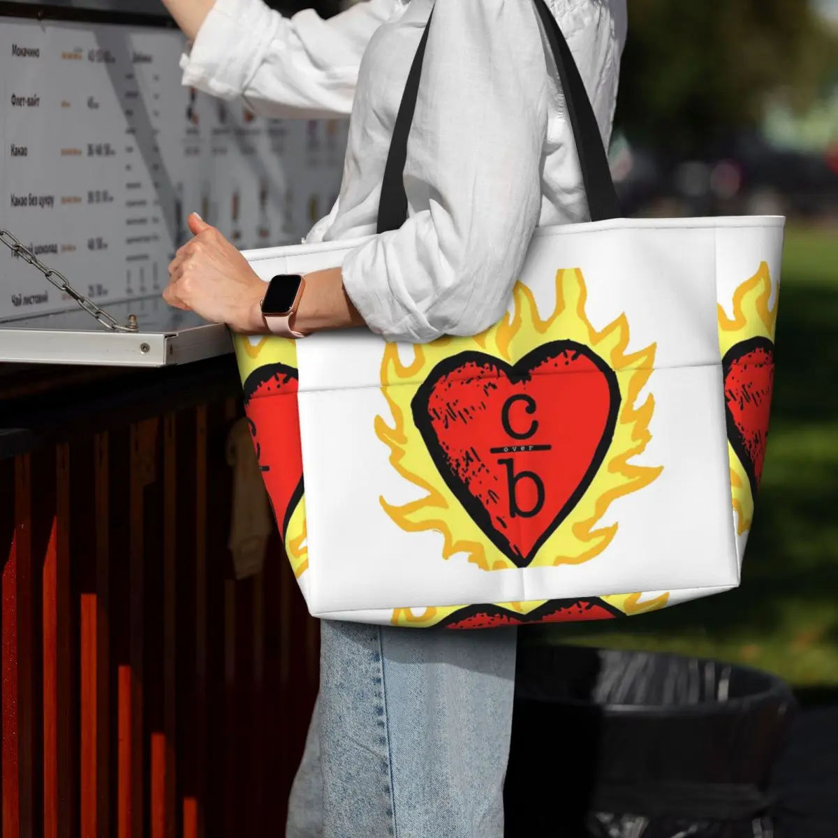 กระเป๋าโท้ทลายโลโก้ Heart ของ Clothes Over Bros กระเป๋าใส่ของไปทะเล กระเป๋ากีฬา กระเป๋าโยคะ กระเป๋าเดินทางขนาดใหญ่สำหรับผู้หญิง กระเป๋าฟิตเนส