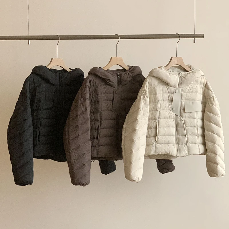 

Winter Lightweight Pu Splice Hooded Down Jacket Women White Duck Down Puff Outwears Female Thicken Warm Zipper Quilted Jackets