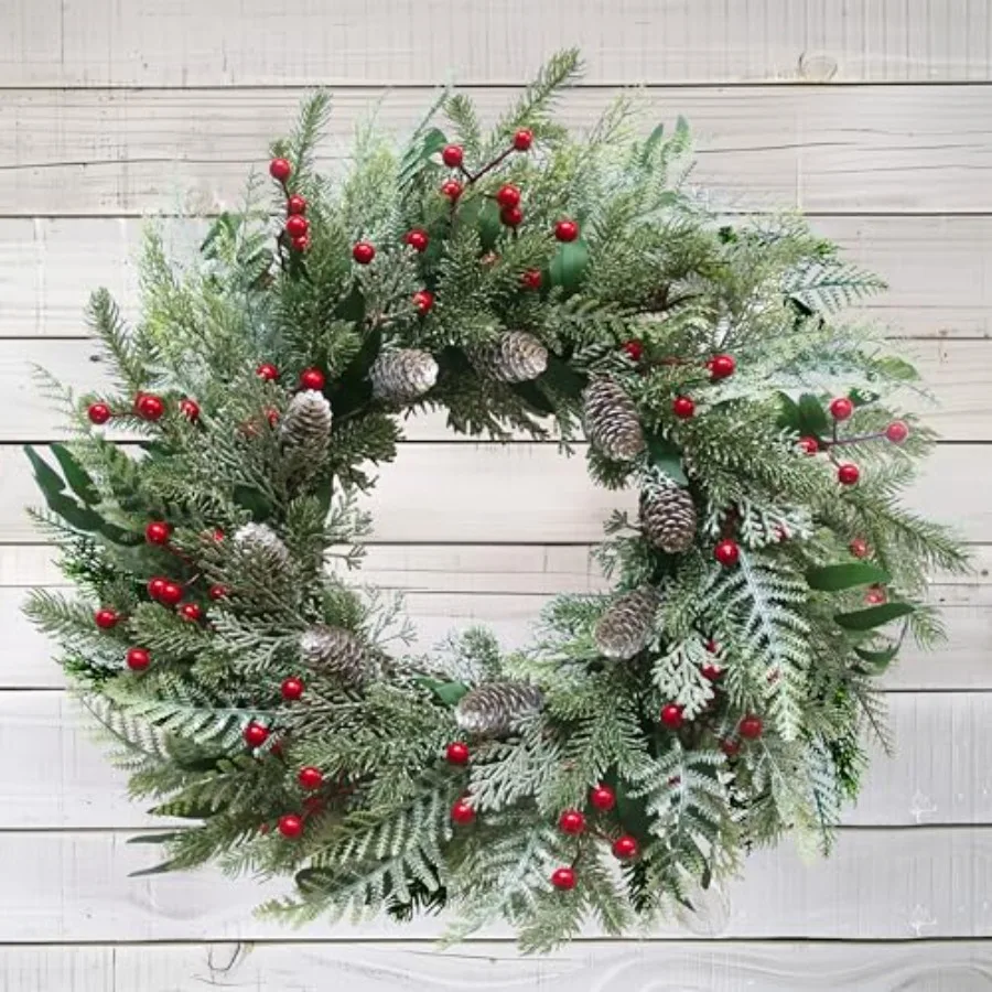 

24 Inch Snow Flocked Christmas Wreath with Pine Cones and Red Berries Artificial Winter Holiday Front Door Wreath for Farmhouse
