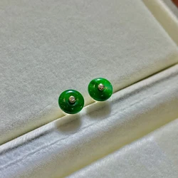 Natural Hotan Jade Green Round stud earings vintage Silver Inlaid earrings for women Classical Simple Party jewelry gift