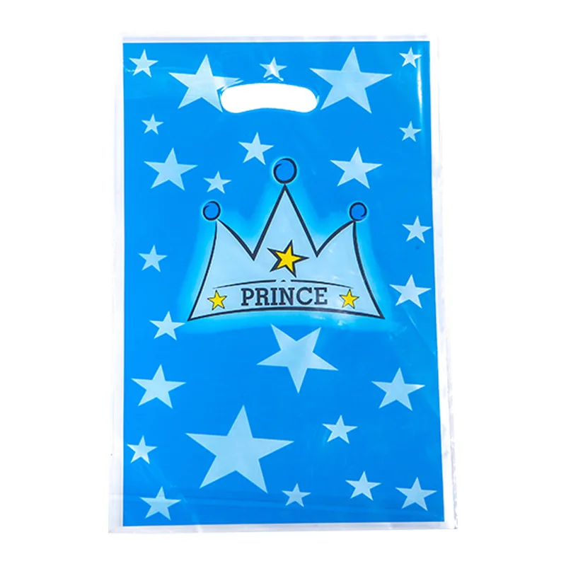 10pcs/lot Baby Shower Party Kids Favors Prince Princess Blue Pink Crown Theme Plastic Loot Bags Birthday Decorate Gifts Bags