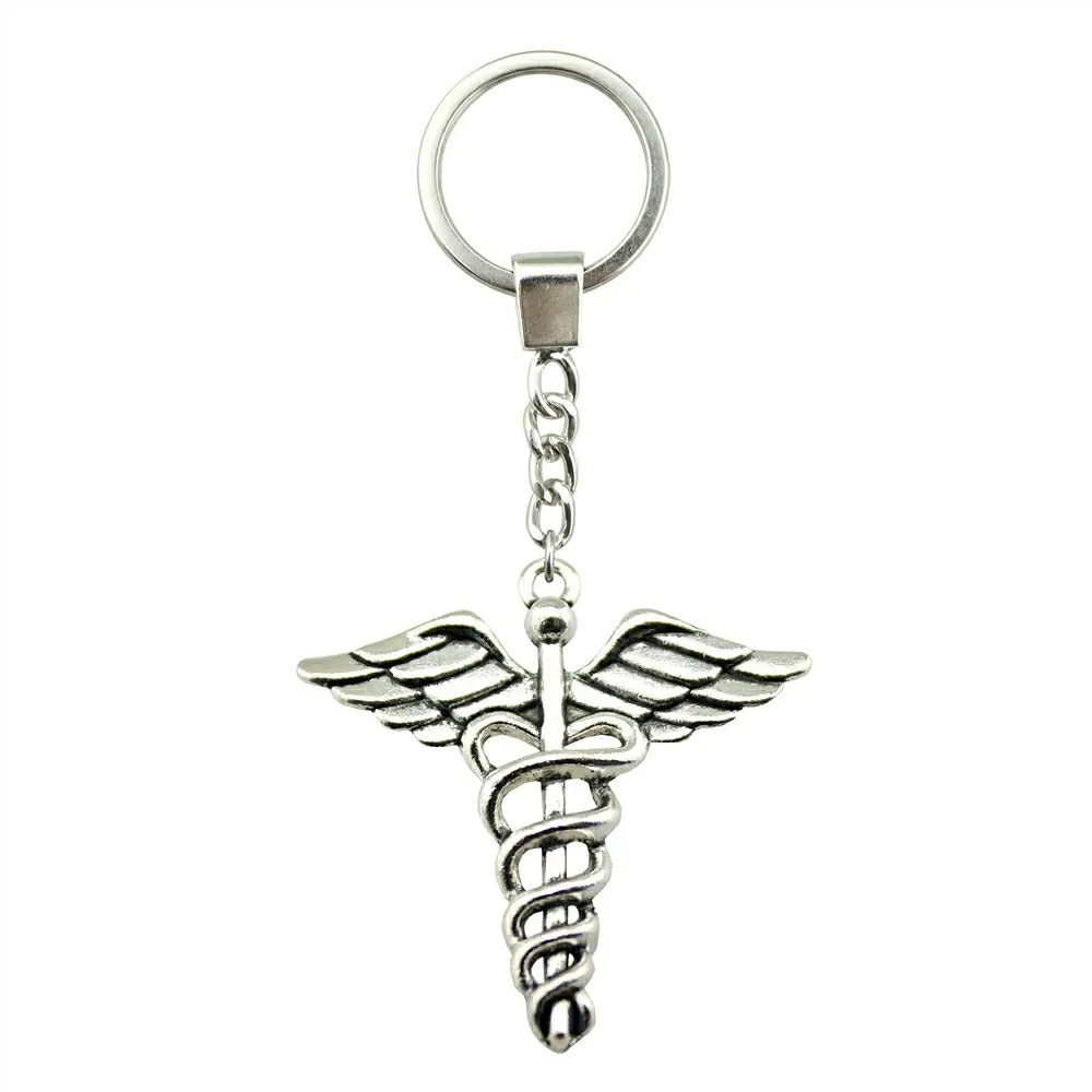 Antique Bronze Silver Color Plated 40x40mm Caduceus Medical Symbol Keychain New Fashion Handmade Metal Key Ring Party Gift