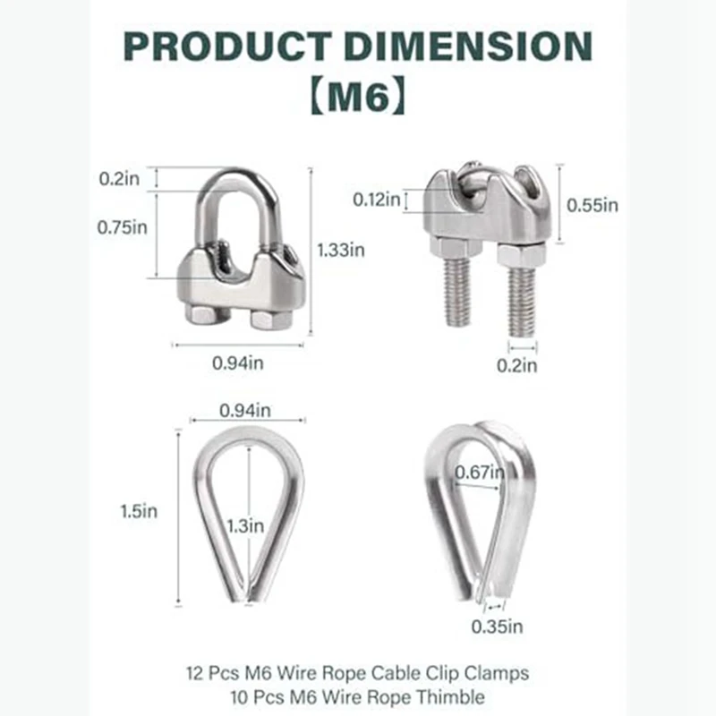 Gancio 1/4 pollici M6 fune metallica morsetto per cavo Kit morsetto per cavo ditale per cavo metallico da 1/4 pollici ditale per sartiame, 12 Set