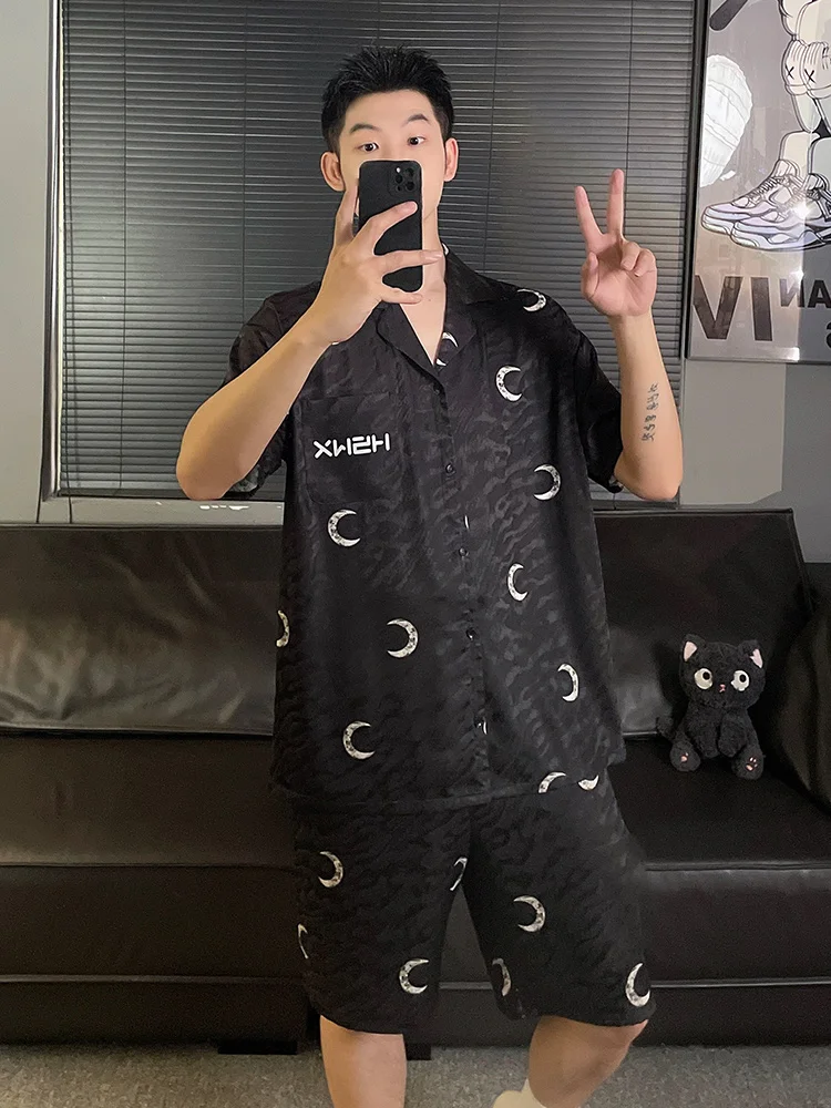 DAIMELU summer thin ice silk short-sleeved pajamas men's black high-end large-size loose loungewear suit summer male sleepwear