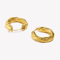 Waterproof Stainless Steel 18k Gold Plated Texture Chunky Gold Hoops Minimalist Titanium Steel Hoop Earrings for Women