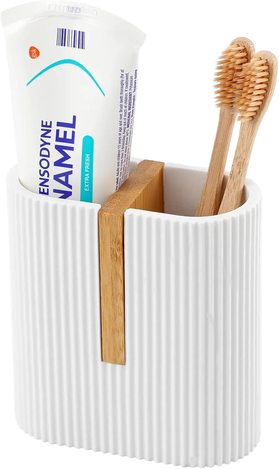 

Matte White Toothbrush Holder for Bathroom Countertop, Electric Toothbrush Organizer with Bamboo Storage for Sink