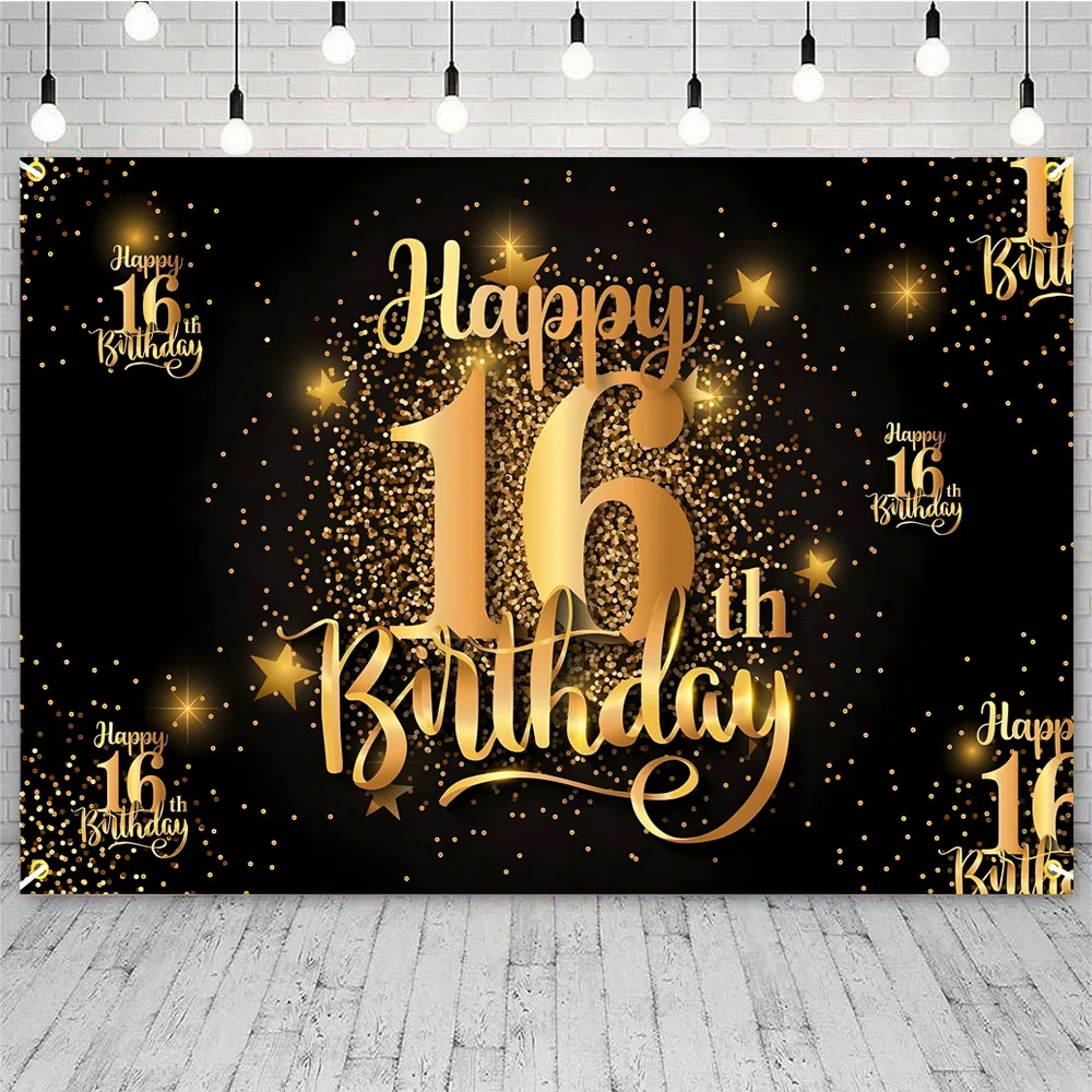Black Gold 16th Backdrop Balloons Boys Girls 16 Years Old Birthday Party Customized Photo Background Cake Table Decor Banner