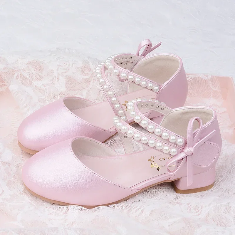 Primavera Estate Ragazza Scarpe da principessa Perla Bowknot Bambini Festa Abito da sposa Sandali Moda Causale Bambini Prestazioni Tacco alto