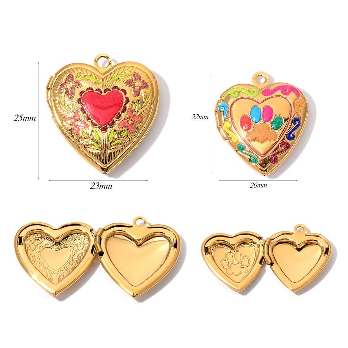 Großhandel 4 Stück/Set Emaille Bunte Fotorahmen-Medaillon-Anhänger Edelstahl Herz-Charms für Schmuckherstellung DIY-Zubehör – Detail 1