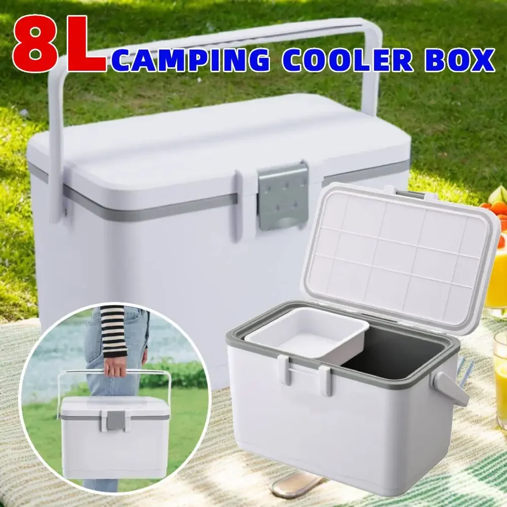8L Insulated Ice Box Camping Cooler with Handle Fresh-Keeping Food Storage Box Portable Ice Bucket for Outdoor Travel BBQ Picnic