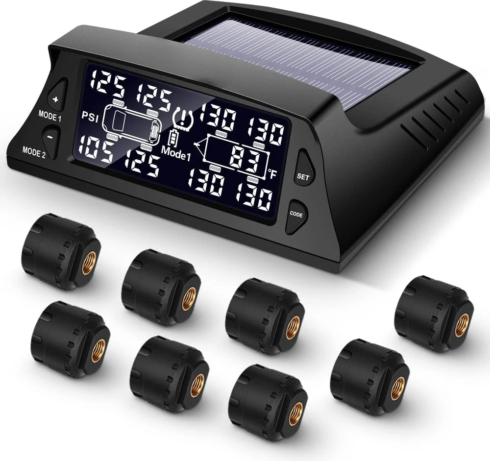 

Pressure Monitoring System for RV - 8 Sensor TPMS for Trailer, 7 Alarm Modes, Large Screen, Endurance Battery Life, Long Sensin