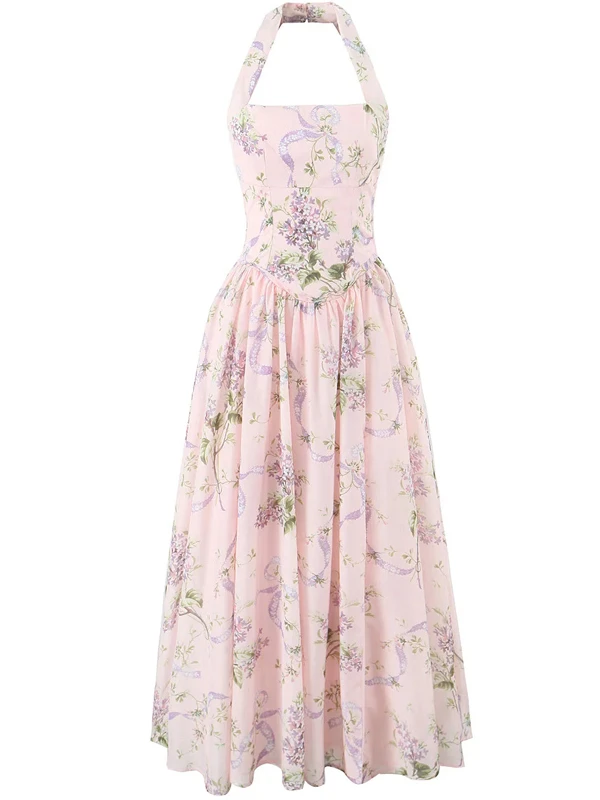 レトロ痩身花柄プリントホルタードレス女性のハイウエストロングスプリットスカートエレガントな夏ノースリーブポリエステル繊維