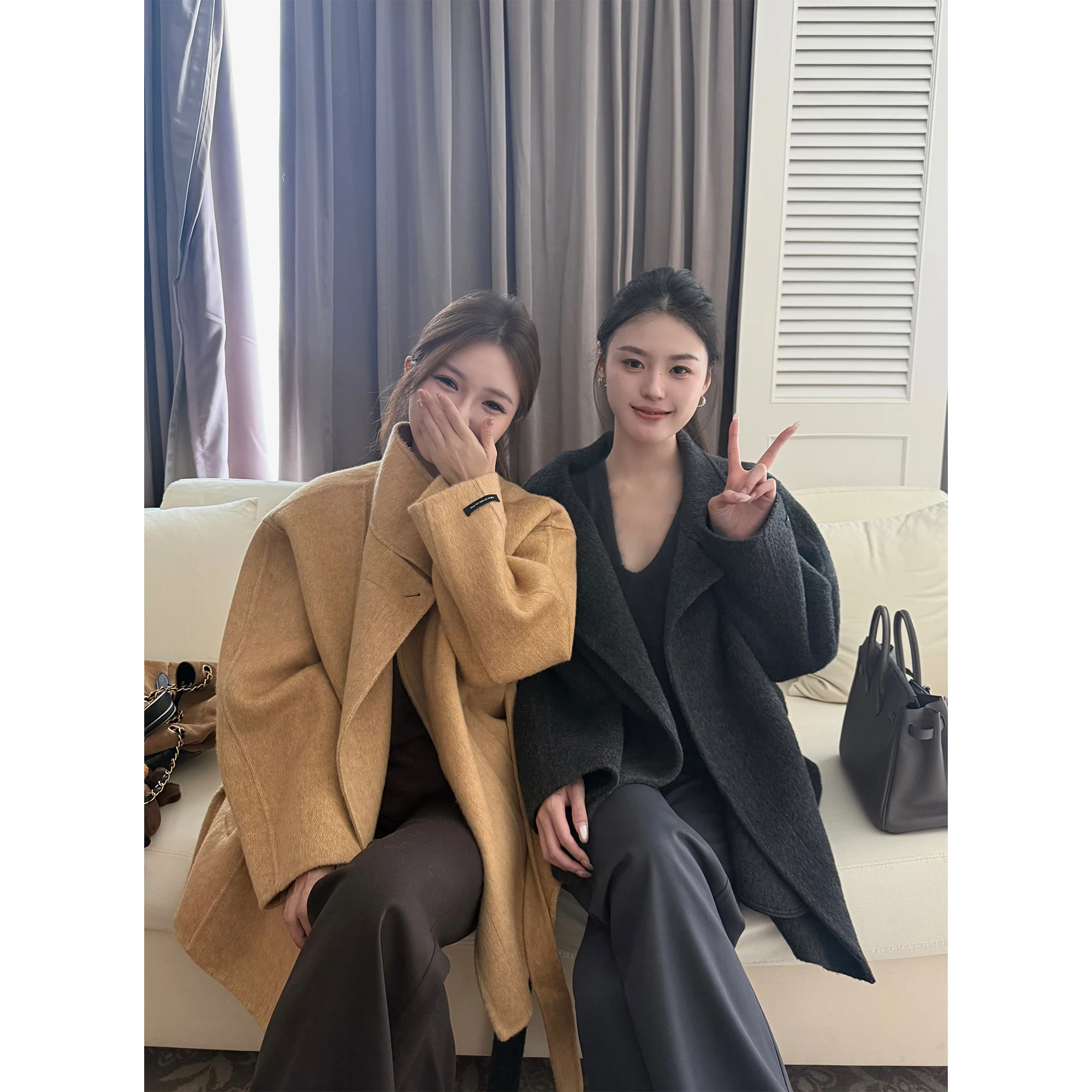 

Шерстяное пальто ручной работы, женское пальто средней длины с поясом из австралийской шерсти яка, полношерстяное пальто на осенний сезон