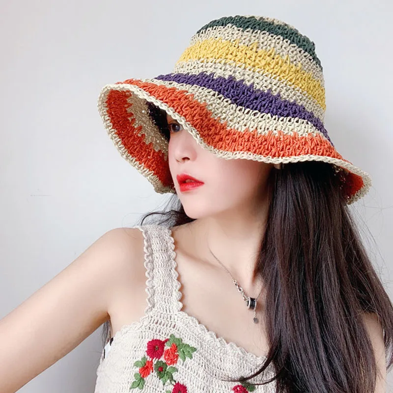 Summer Rainbow Striped Crochet Beach Bucket Hat Women Crochet Foldable Parent-child Panama Hat Female Beach Sun Visor Cap