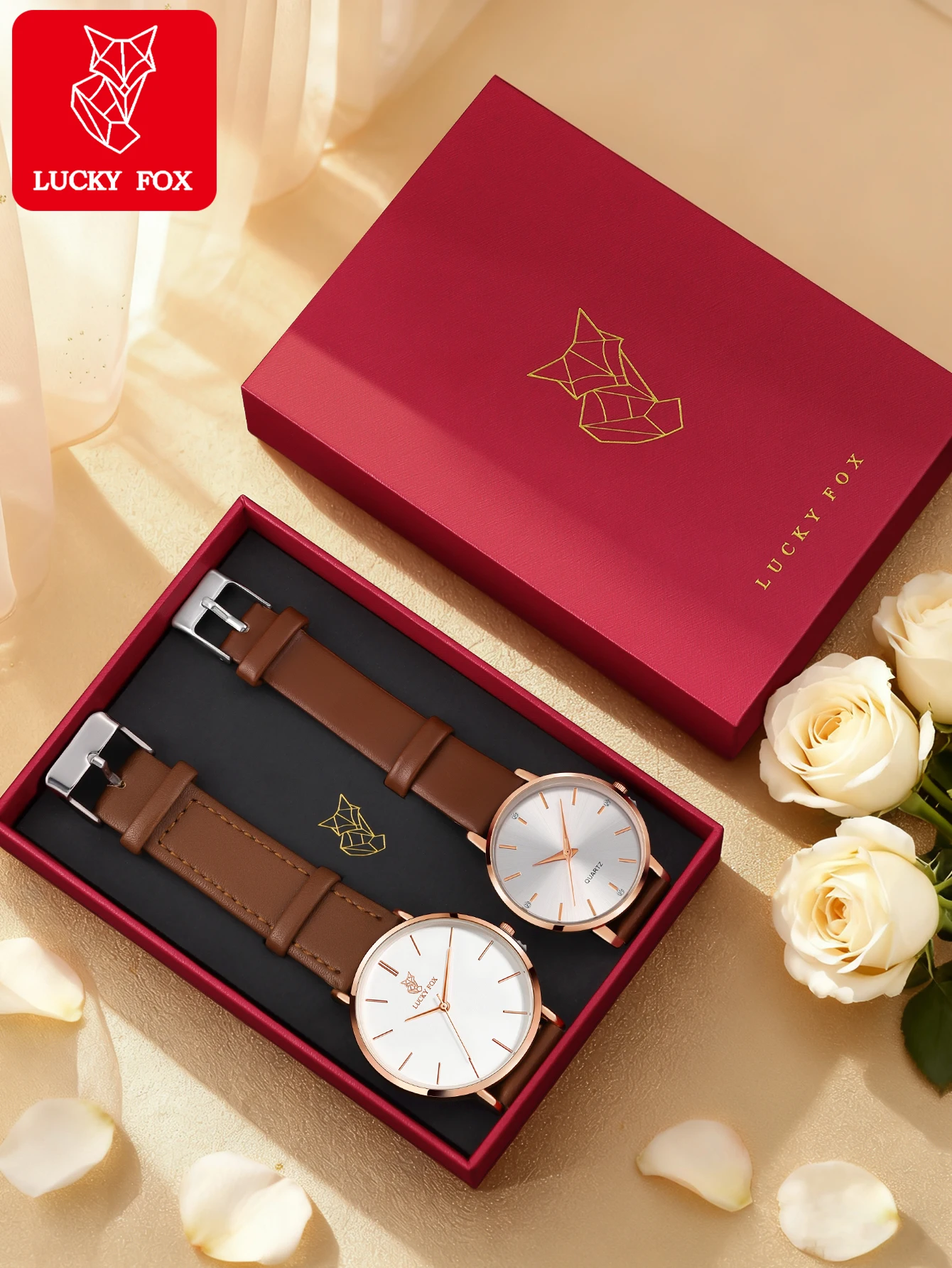 LUCKY FOX 2PCS ساعات الزوجين ساعات الأعمال الرجالية مؤشر الموضة ساعات الكوارتز النسائية هدية عيد الميلاد مجموعة صناديق الهدايا