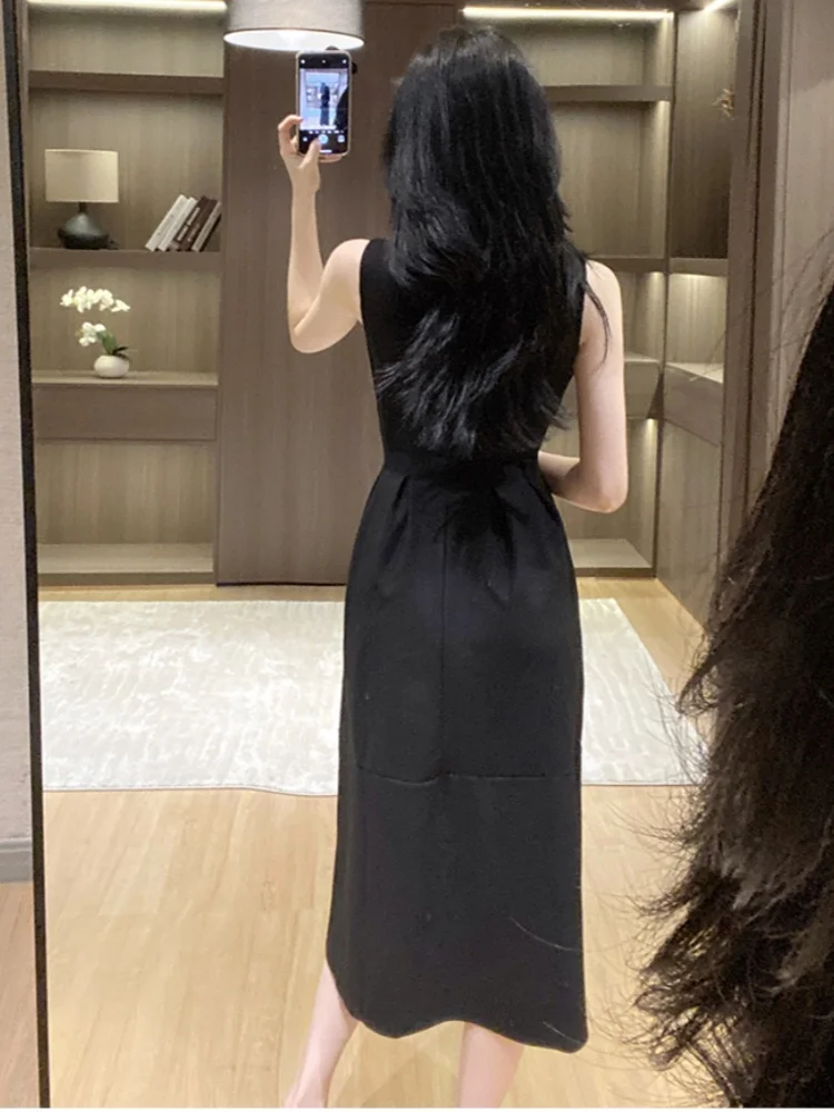 Smthma francês elegante preto frente split vestido de verão feminino o-pescoço sem mangas cintura fina casual vestidos longos robe