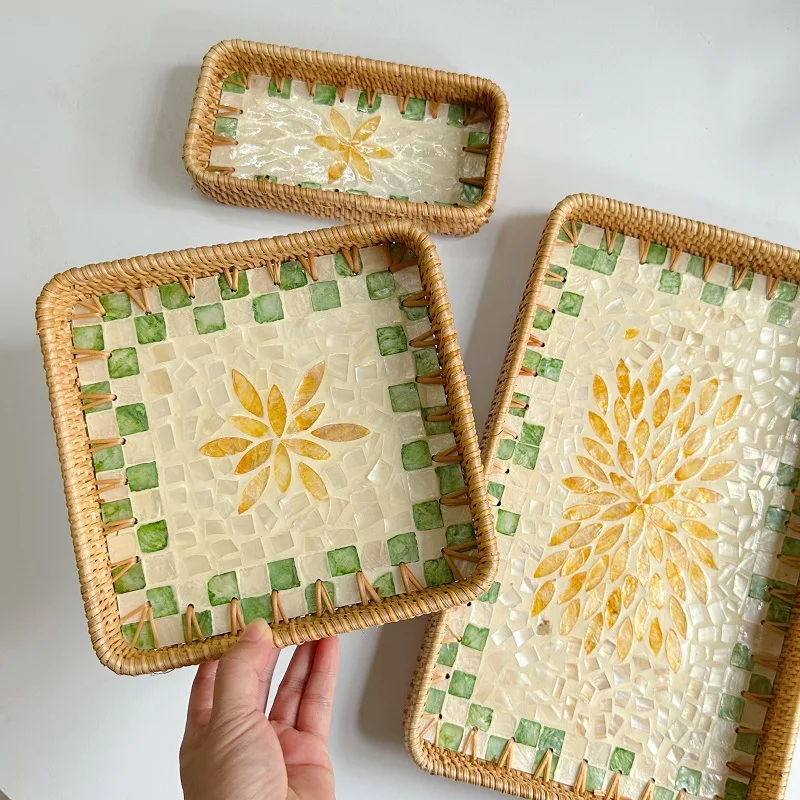 3Pcs Light Luxury Rattan Shell Tray Set Rectangular Fruit Storage Organizer for Home Living Dining Room