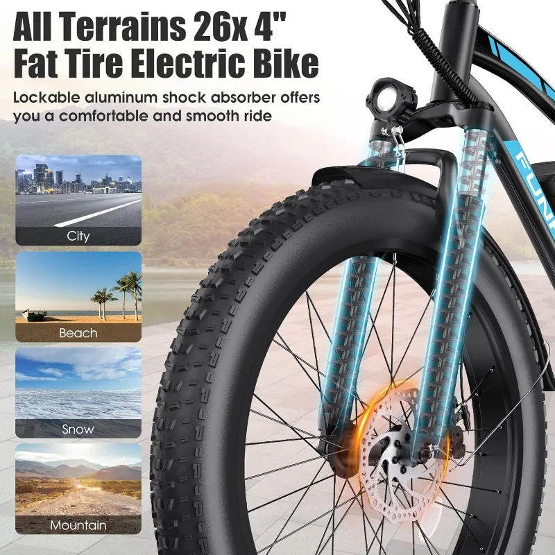 大人用電動自転車、ピーク1000W電動アシスト自転車、時速25マイル60マイル走行可能電動マウンテンバイク、26インチファットタイヤ電動自転車（48V 1個付き）