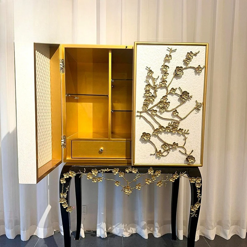 نموذج مصمم لخزانة النبيذ على شكل زهرة نحاسية، وخزانة جانبية لتناول الطعام من الخشب الصلب الراقية، وخزانة تزيين فاخرة للفيلا #3