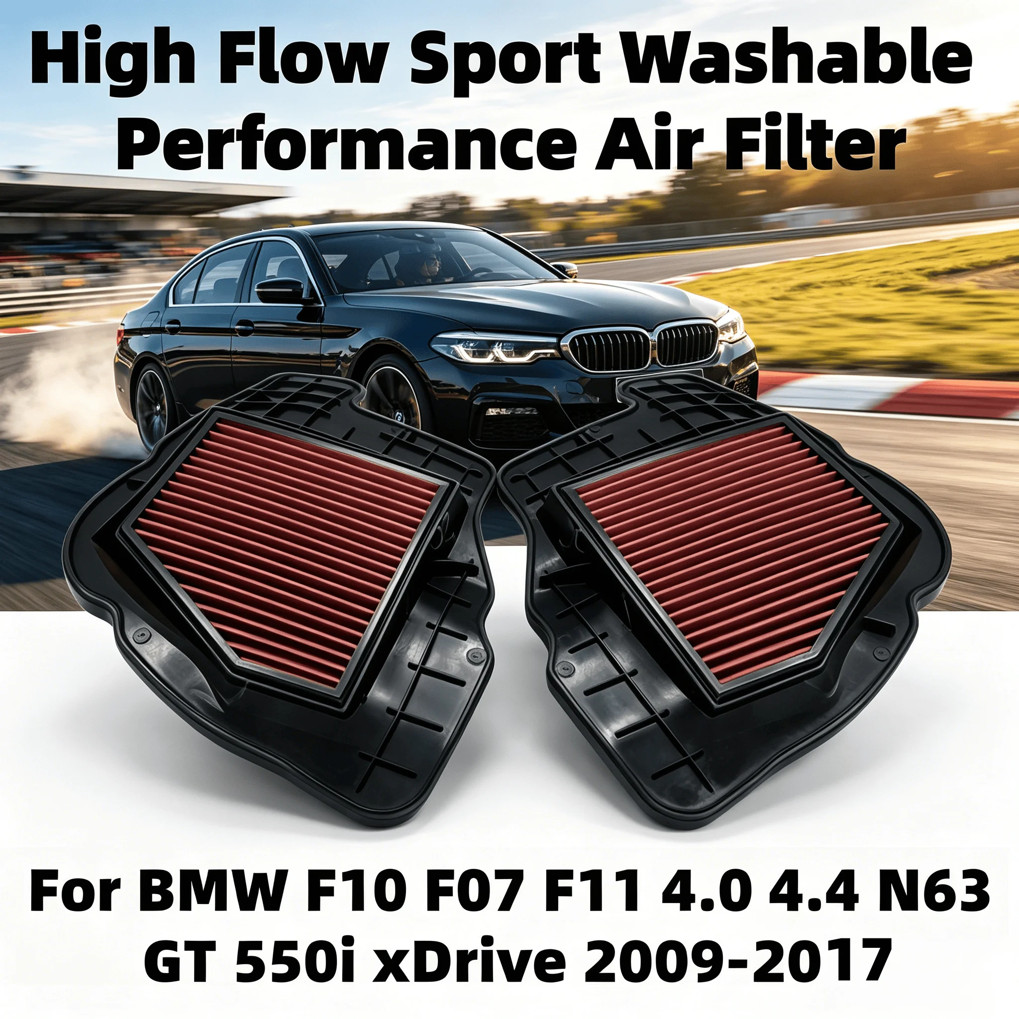 For BMW F10 F07 F11 4.0 4.4 N63 GT 550i XDrive 2009-2017 High Flow Sport Washable Performance Air Filter 13717577457 13717577458