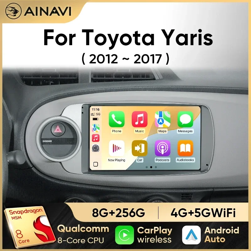 Ainavi Car Radio Multimedia Player For Toyota Yaris 2012 2013 2014 2015 2016 2017 Android 12 Auto Wireless Carplay DSP 48EQ 2Din