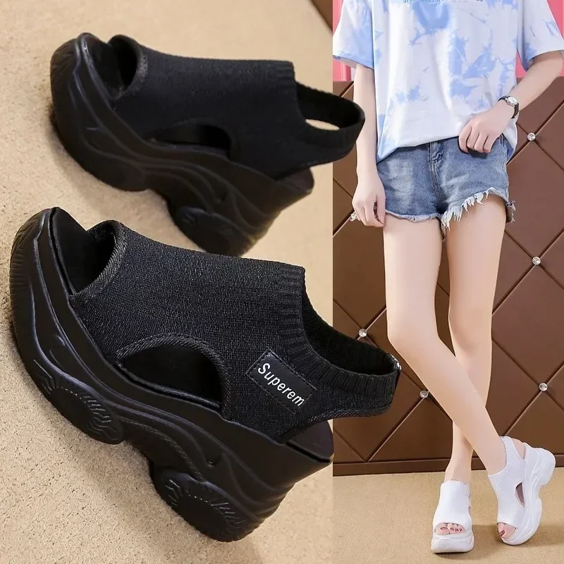 2025 Women's Sandals Summer Wedge Heel Elastic Cloth Cover Foot Ladies Sandals Thick-soled Fashion Trifle Elevation Casual Shoes