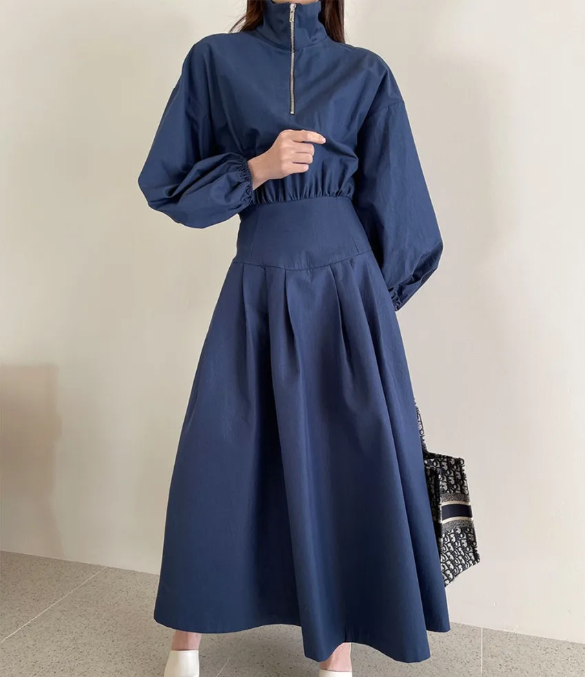 2024 New Chic French Spring Lantern Sleeve Ball Gown Long Dress Elegant Women Zipper Stand Collar High Elastic Waist Maxi Dress