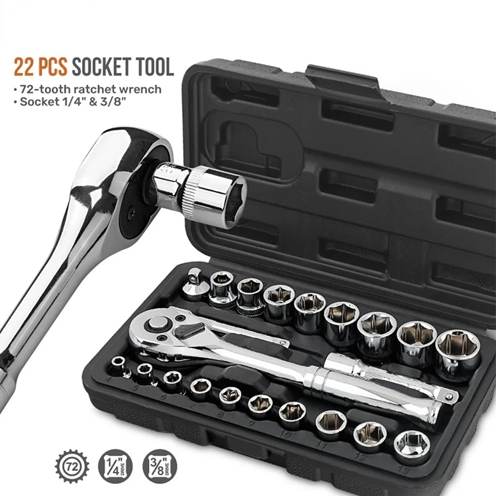 

22pcs 72 Tooth Ratchet Wrenches Sockets Automotive Tool Set Car Repair Tool Hex Sockets Ratchet Wrenches Sockets