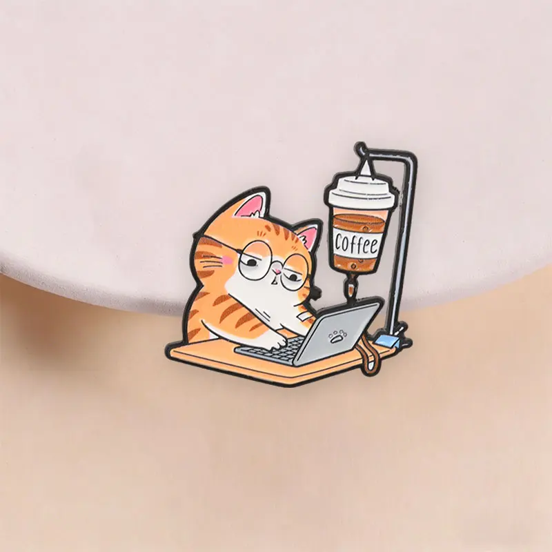 Cute Orange Tabby Cat Glasses Laptop Coffee IV Bag Enamel Pin Office Humor Brooch for Caffeine Addicts and Workers