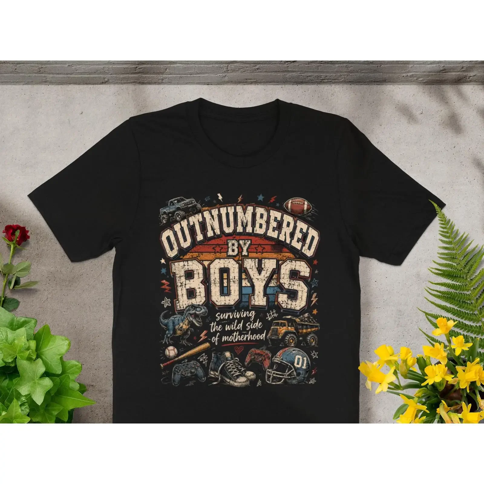 Outnumbered By Boys T Shirt Funny Boy Mom Mother's Day For Of Gender Reveal Baby Announcement vintage Washed Soft Stylish