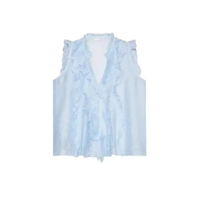 Nowa letnia damska bluzka z dekoltem w serek, zwiewna, wielowarstwowa, ozdobna, koreańska, luźny krój, regularna, cienka.