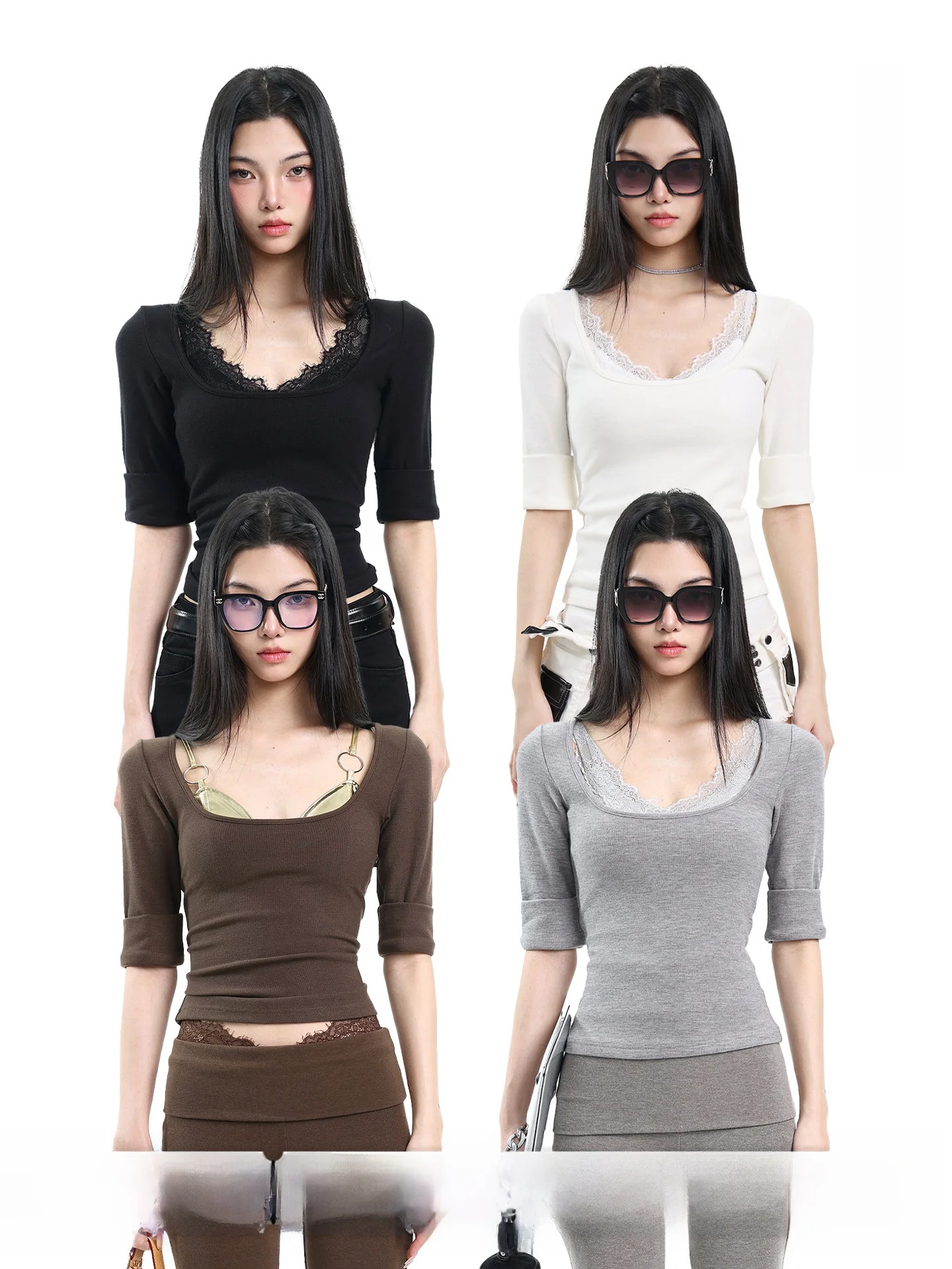 

Comfortable Breathable Women's Slim Fit U-Ne mid Sve T-irt Lace Design Casual Summer Top Inner Wear Girl's Faion