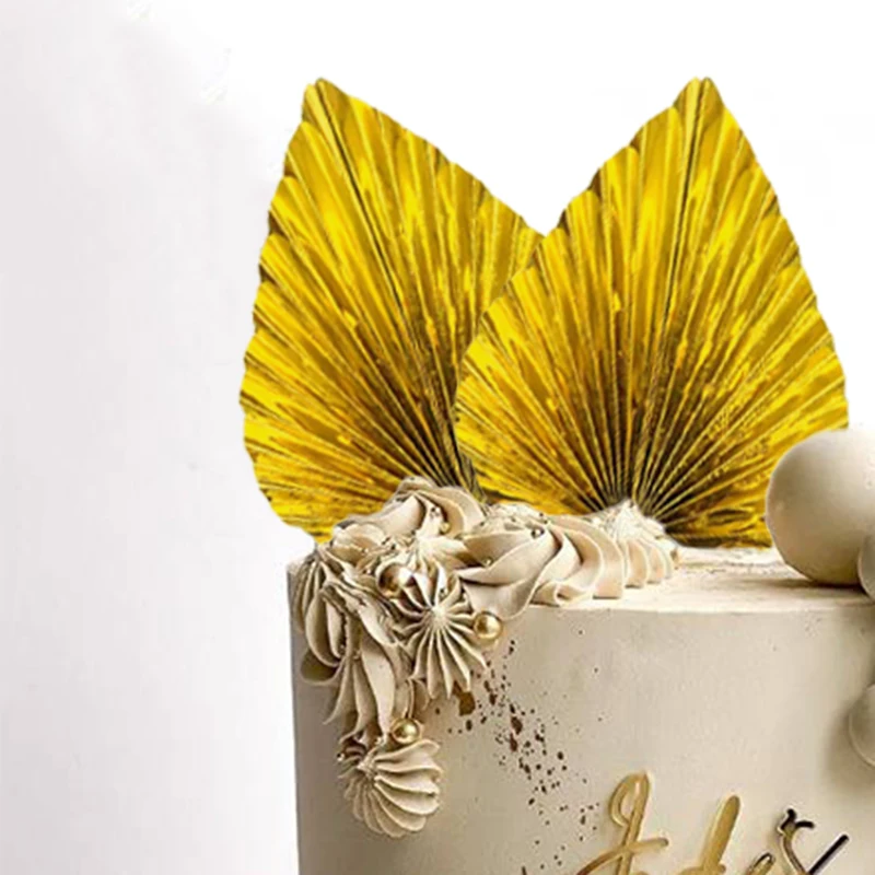 2 Stück glänzende Palmblätter Papier Palm blatt für Kuchen dekorieren goldene Kunst blätter Kuchen deckel DIY Cupcake Dekor – Detail 6