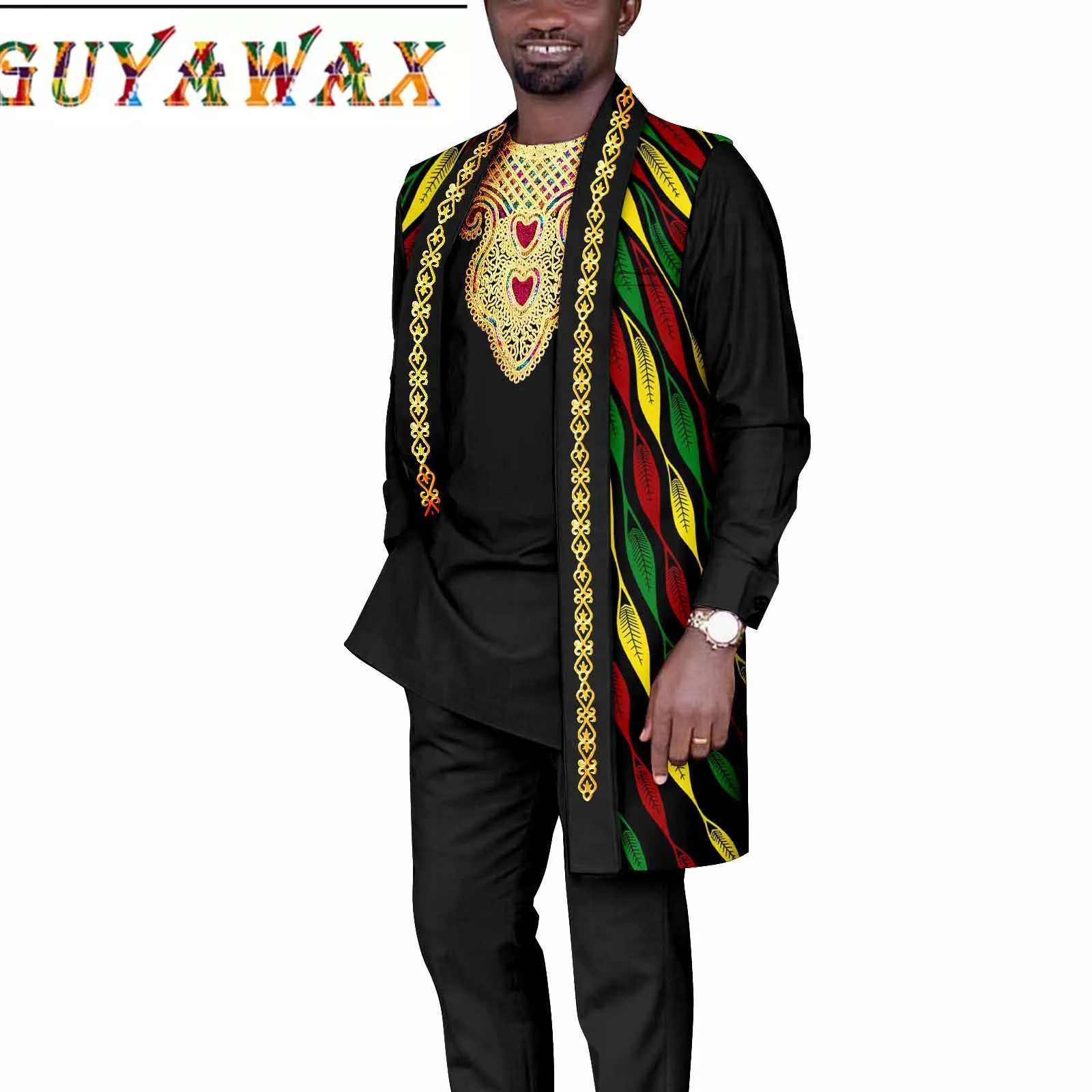 New Style  African Suit for Men Traditional Print Long Set Jacquard 3 Pieces Embroidery Jacket and Shirt Pants for Wedding