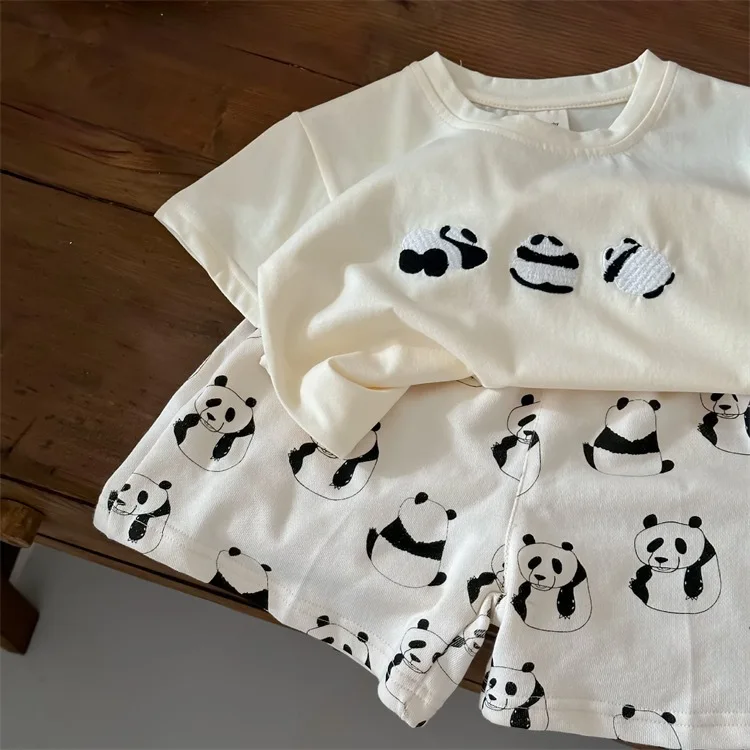 Zestaw dla dzieci w górę i w dół T-shirt z krótkim rękawem Panda Fubao małe dziewczynki i chłopcy letnie zestaw na co dzień ubrania dla dziewczynek