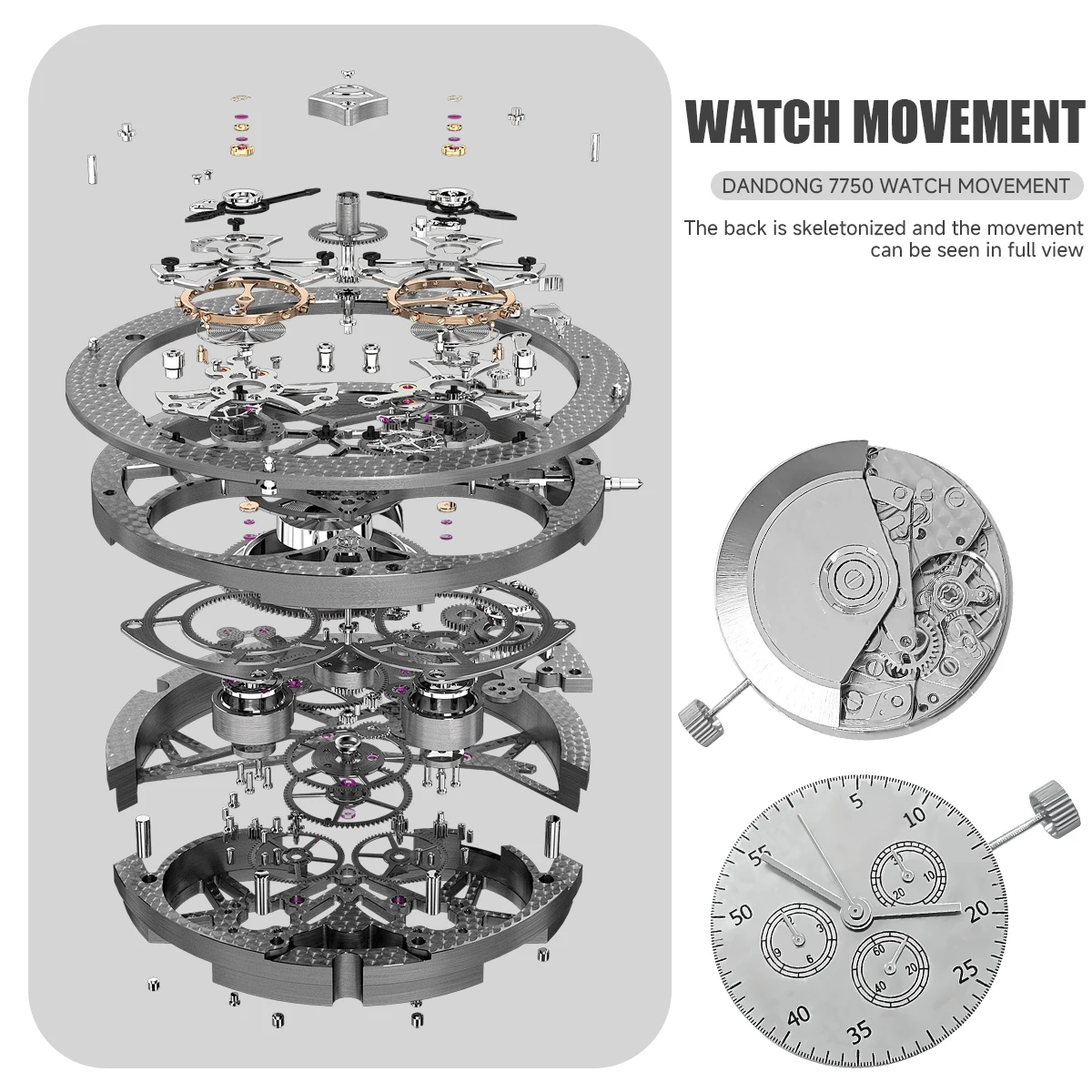 حركة الساعة الأوتوماتيكية 3.6.9 كرونوجرباه لحركة آسيوية 7750 حركة إصلاح بديلة ميكانيكية لـ 7753 بدون تاريخ