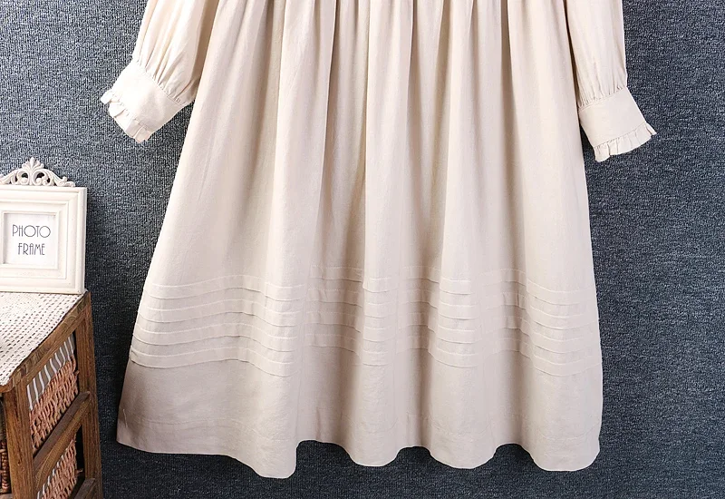 Spring Sweet Mori Girl Solid Color Ruffled Cotton Dress Women Long Sleeve Casual Loose Midi Dresses