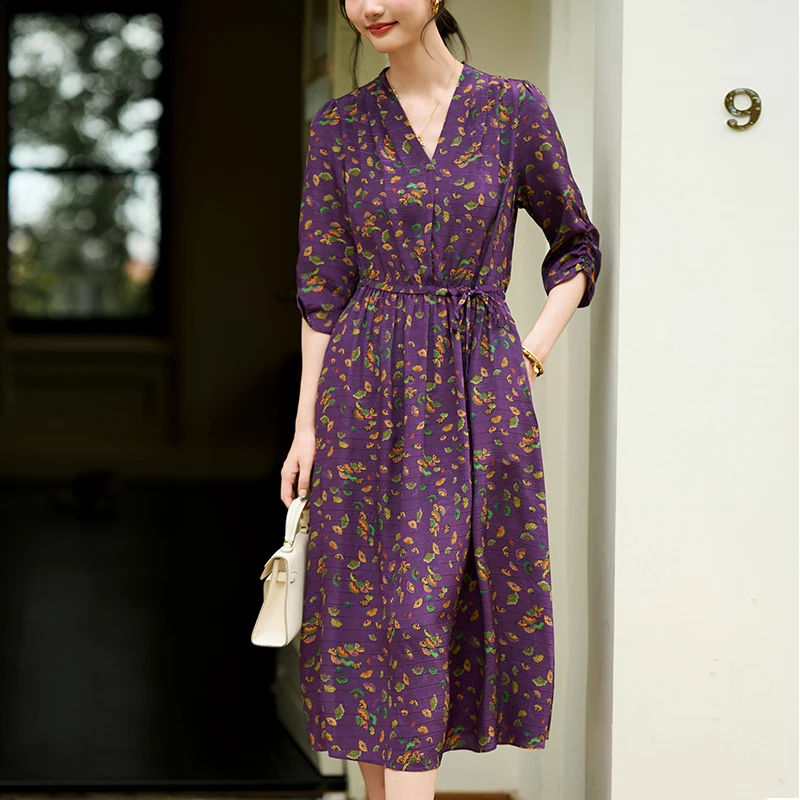New 100% Real Silk Long Dresses for Women 2026 Summer Elegant Fashion V-neck Drawstring Women's Vintage Print Dress A-line