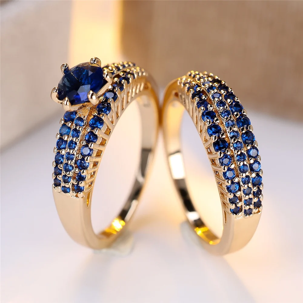 Crystal Female Purple Black Blue Zircon Round Stone Ring Set Vintage Gold Color Bridal Wedding Jewelry For Women