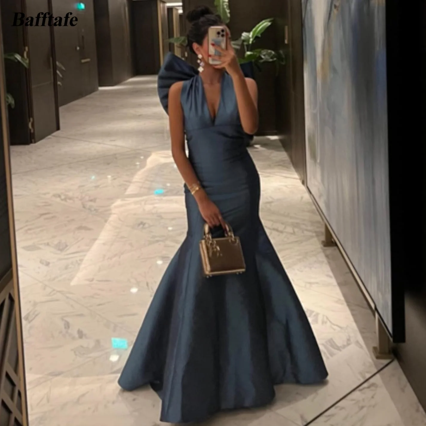 

Bafftafe Simple Mermaid Saudi Arabic Prom Dresses Deep V-Neck Satin Bow Women Formal Event Gowns Special Evening Party Dress