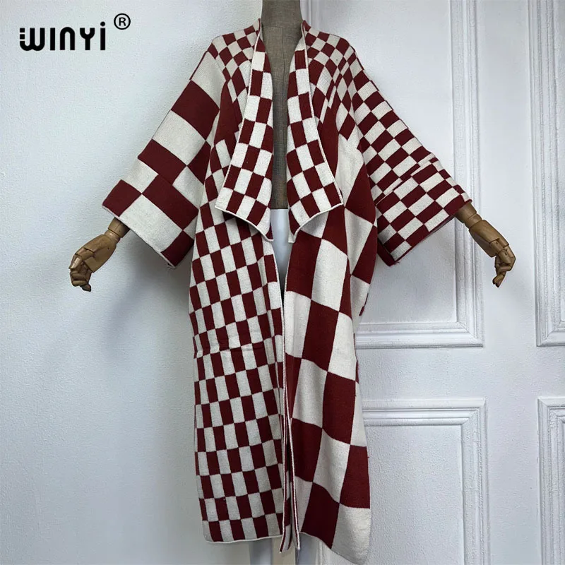 

WINYI woman Winter kimono Knitted cardigan new geometry print hipster party dress Thick Warm Female jacket kaftan Christmas coat