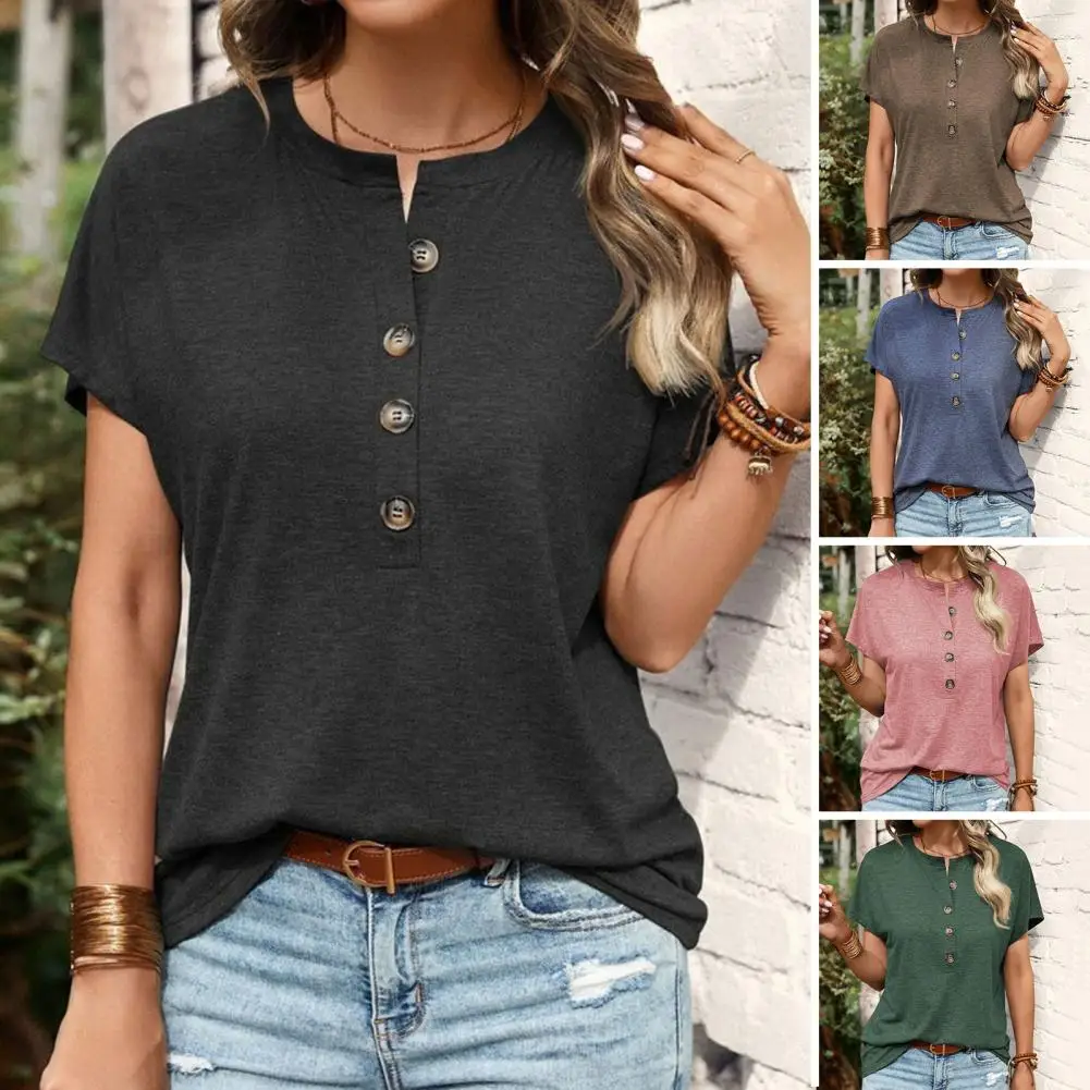 

Buttons Half Placket T-shirt Women Summer T-shirt Stylish Women's Summer O-neck Buttoned T-shirt in Loose Fit Solid Color for A