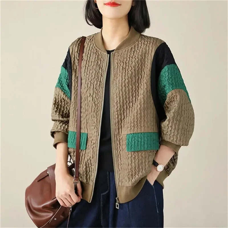 Spring Autumn Women's New Foreign Baseball Uniform Jacket 2023 Female Splicing Literary Leisure Joker Loose Korean Fashion coat