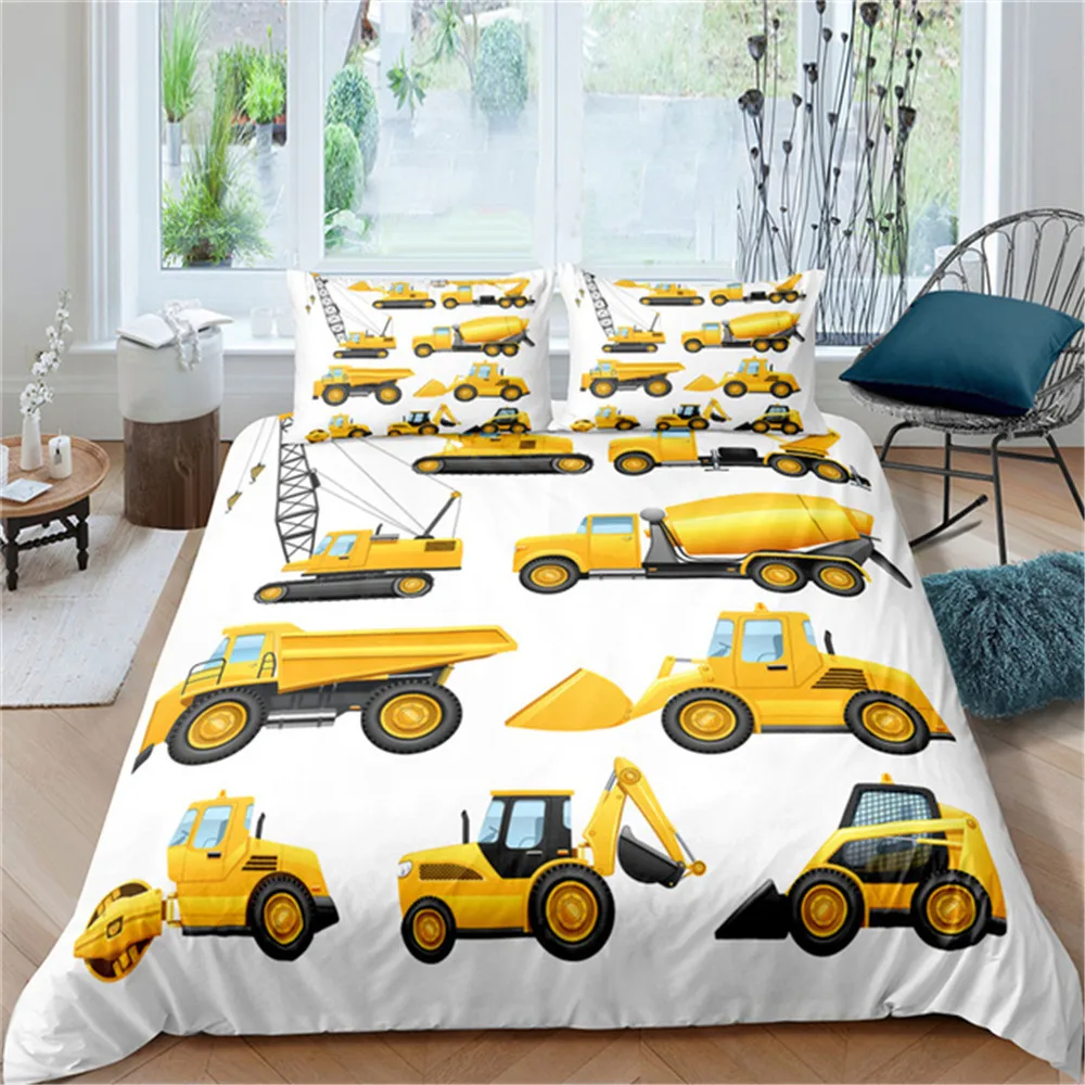 

2/3pcs Simple Cartoons Car Bedding Set High Quality Child Excavator Crane Duvet Cover Twin Single Full Queen King Size