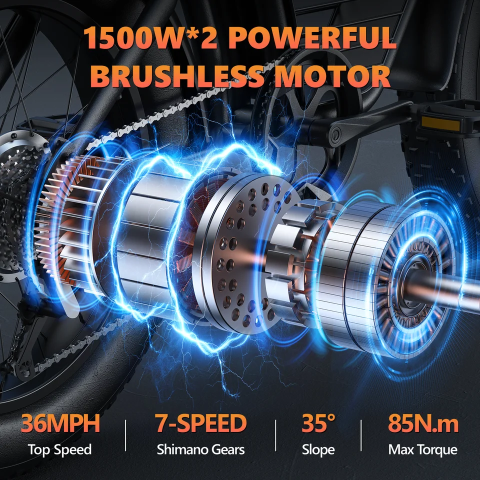 Kickwey 2026 New Model K7 Pro Adult Electric Bicycle 3000W 48V 23Ah Mountain E‑Bike with NFC Display & Hydraulic Brakes 20 Inch Fat Tire | 1‑Year Warranty, Local Warehouse Shipping image 3