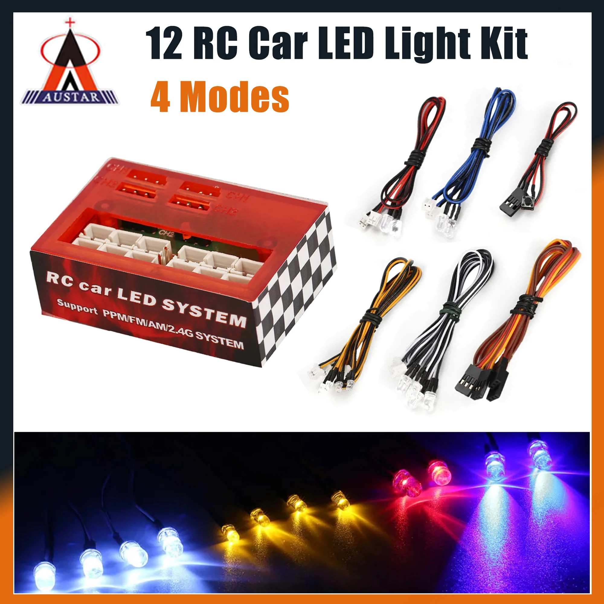 Austar 12 Ultra RC Car Light System Bright LED Flash Multi-function Lamp Kit for 1/10 1/8 TAMIYA Axial SCX10 D90 Toy Part Model