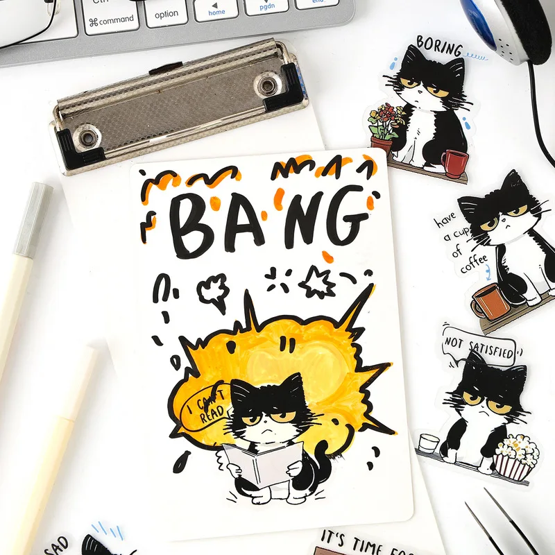 20 Sheets Black White Arrogant Cat Stickers, Cute Grumpy Kitten Decor Stickers for Journal Scrapbook Laptop DIY Craft Decoration - view 4
