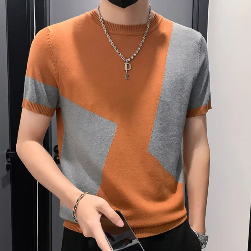 

Contrast Stitching T Shirt Patchwork Color Slim Fit Knitted T Men O-Neck Stretched Tee Shirt Homme Streetwear Casual T-Shirt